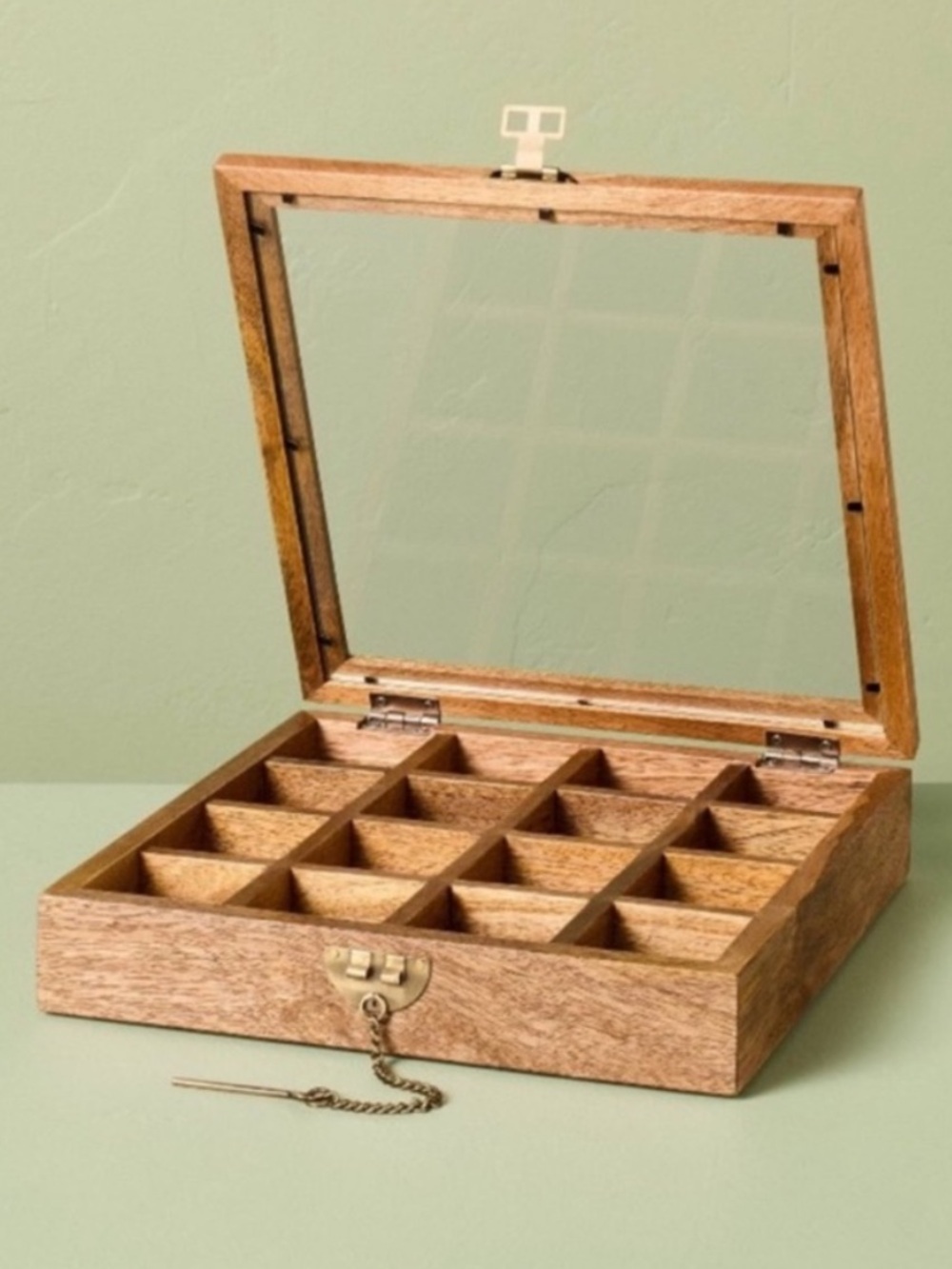 Wooden 12-Compartment Storage Box with Glass Lid - Natural Brown